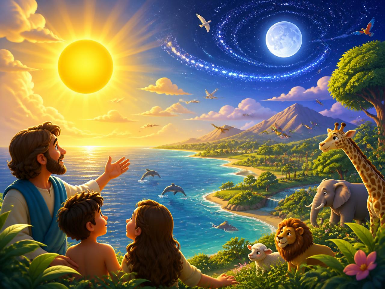 Illustration of the seven days of creation from Bible Adventures Book 1
