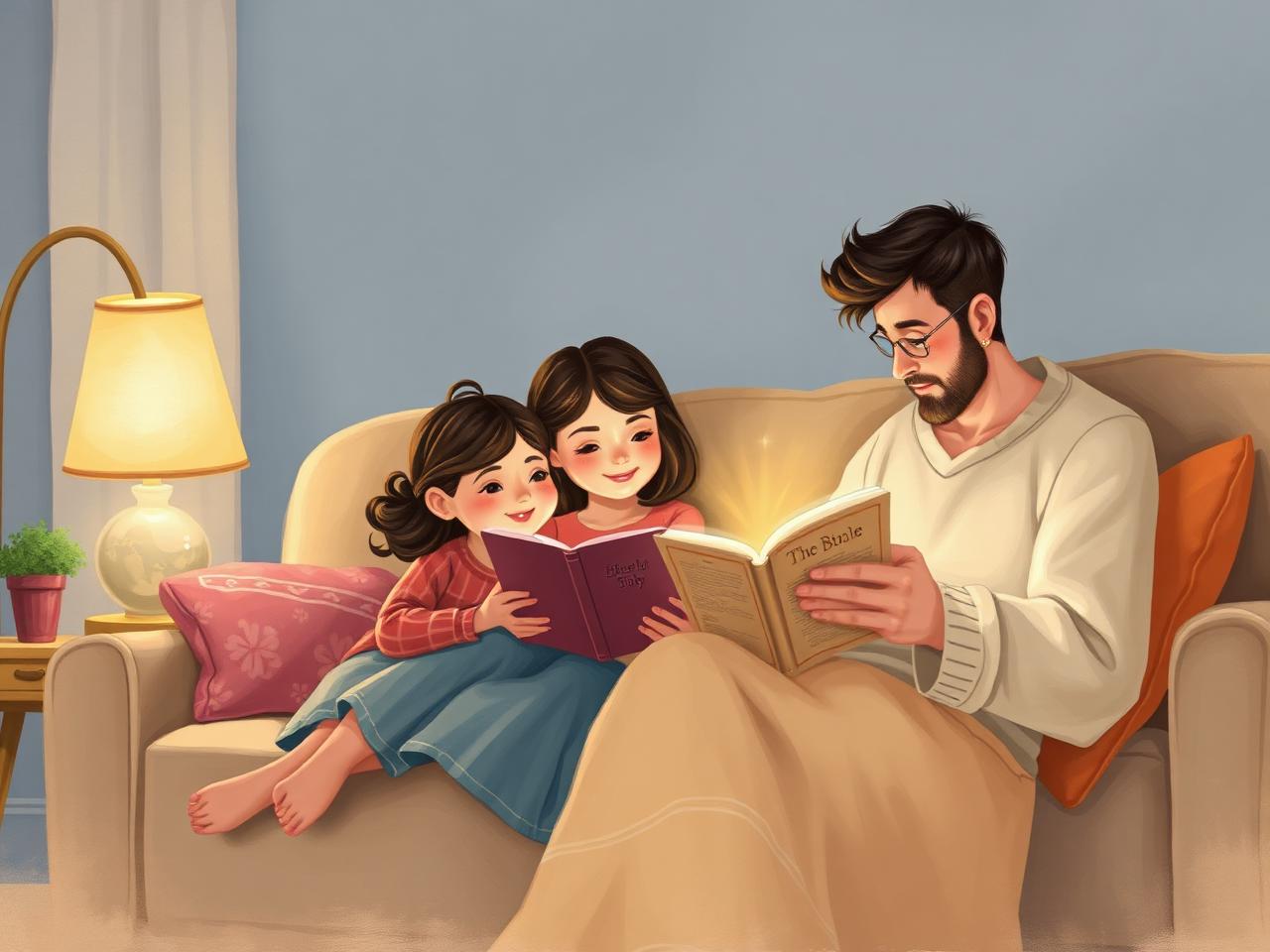 A father reading a Bible storybook with his two children by lamplight